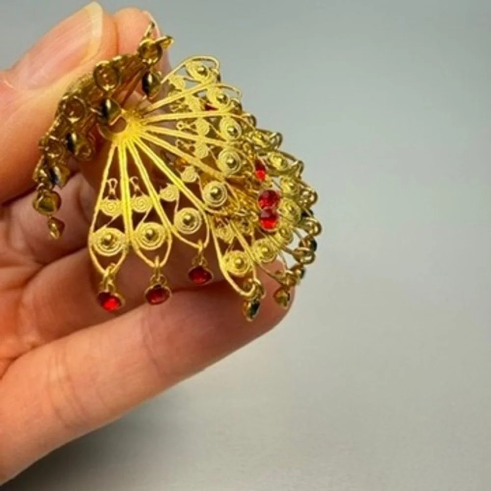 Vintage Gold Tone Filigree Peacock Brooch with Rhinestones Moving Tail